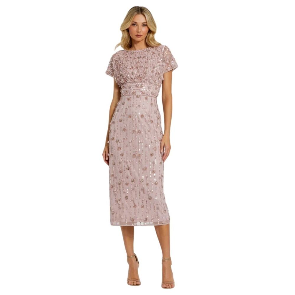 Mac Duggal Pink Cap Sleeve Sheath Midi Dress Floral Beading, Sz 10, 498$ NWT